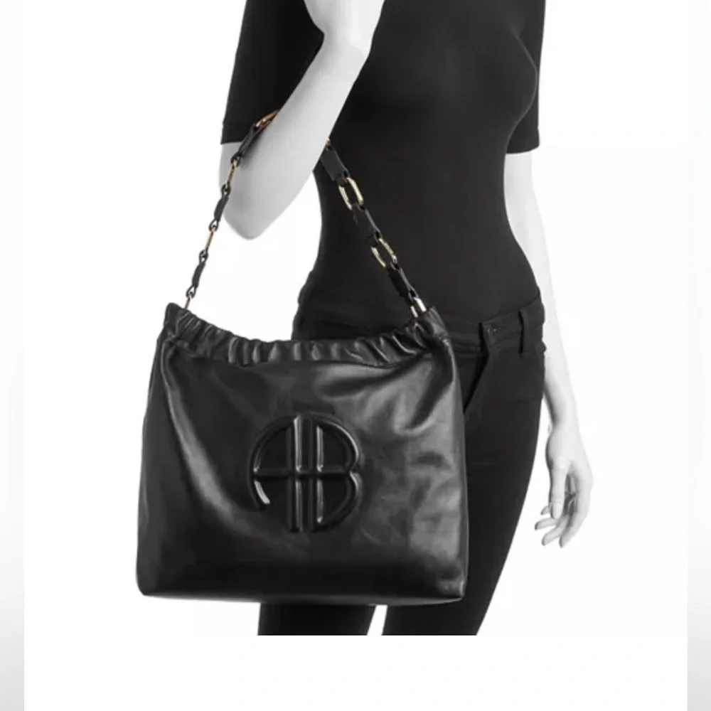 Anine Bing Black Leather Logo Hobo Bag with Gold Chain-Linked Strap